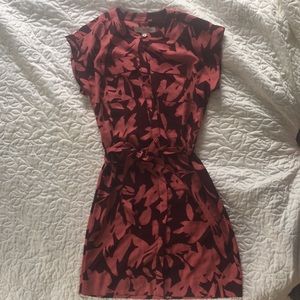 Maroon shirt dress, with sash belt.